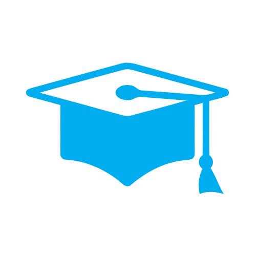 Image shows an icon of a graduate cap with tassel in light blue